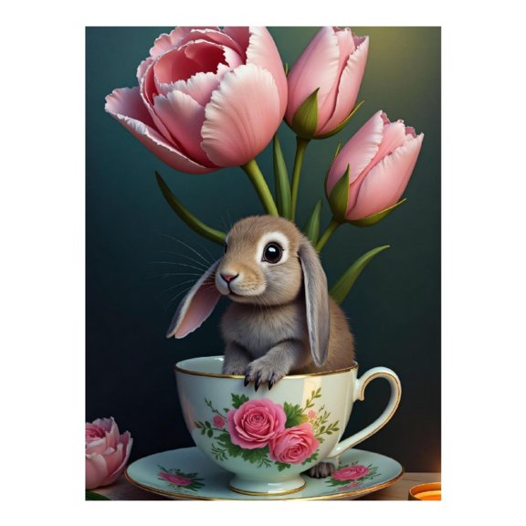 Diamond Art Kit for Adults, Rabbit Flower Cup Print No.75 Diamond Painting for Adults Beginners, 5D DIY Diamond Art Painting Kits, Colorful Diamond Painting Craft for Home Decor 12x16
