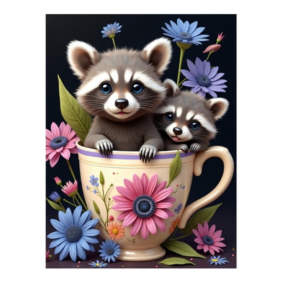 Diamond Art Kit for Adults, Raccoon Flower Cup Print No.13 Diamond Painting for Adults Beginners, 5D DIY Diamond Art Painting Kits, Colorful Diamond Painting Craft for Home Decor 12x16