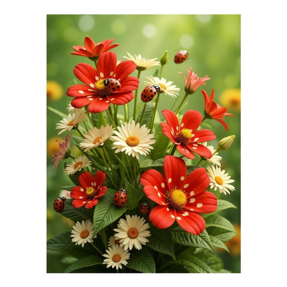 Diamond Art Kit for Adults, Red Blossoms Ladybugs Bouquet Diamond Painting for Adults Beginners, 5D DIY Diamond Art Painting Kits, Colorful Diamond Painting Craft for Home Decor 12x16