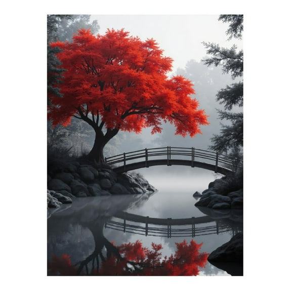 Diamond Art Kit for Adults, Red Maple Bridge Reflection Serenity Diamond Painting for Adults Beginners, DIY Diamond Art Painting Kits, 5D Diamond Painting Crafts for Home Decor 12x16 Frameless