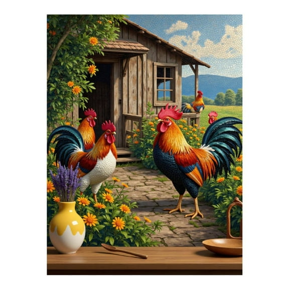 Diamond Art Kit for Adults, Rooster Garden Rustic Cottage Scene Diamond Painting for Adults Beginners, 5D DIY Diamond Art Painting Kits, Colorful Diamond Painting Craft for Home Decor 12x16