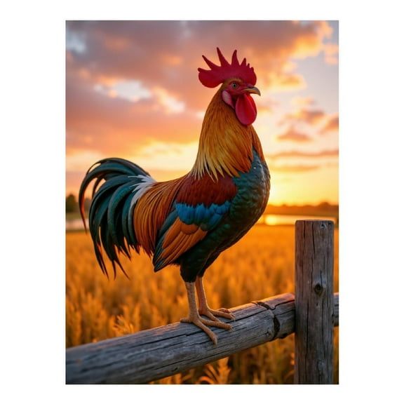 Diamond Art Kit for Adults, Rooster Sunset Perched Fence Diamond Painting for Adults Beginners, DIY Diamond Art Painting Kits, 5D Diamond Painting Crafts for Home Decor 12x16 Frameless