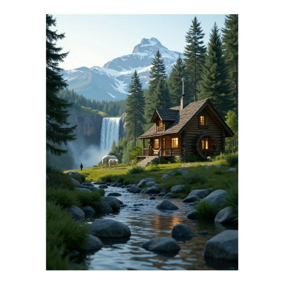 Diamond Art Kit for Adults, Rustic Cabin Mountain Stream Scene Diamond Painting for Adults Beginners, 5D DIY Diamond Art Painting Kits, Colorful Diamond Painting Craft for Home Decor 12x16