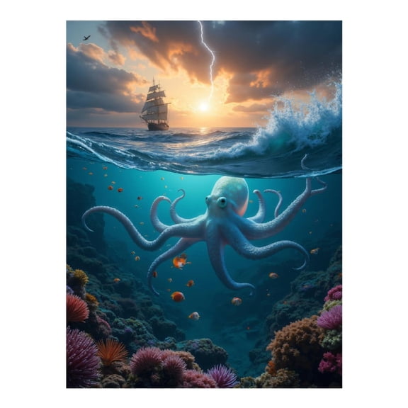 Diamond Art Kit for Adults, Seascape Octopus Sailboat Lightning Diamond Painting for Adults Beginners, 5D DIY Diamond Art Painting Kits, Colorful Diamond Painting Craft for Home Decor 12x16