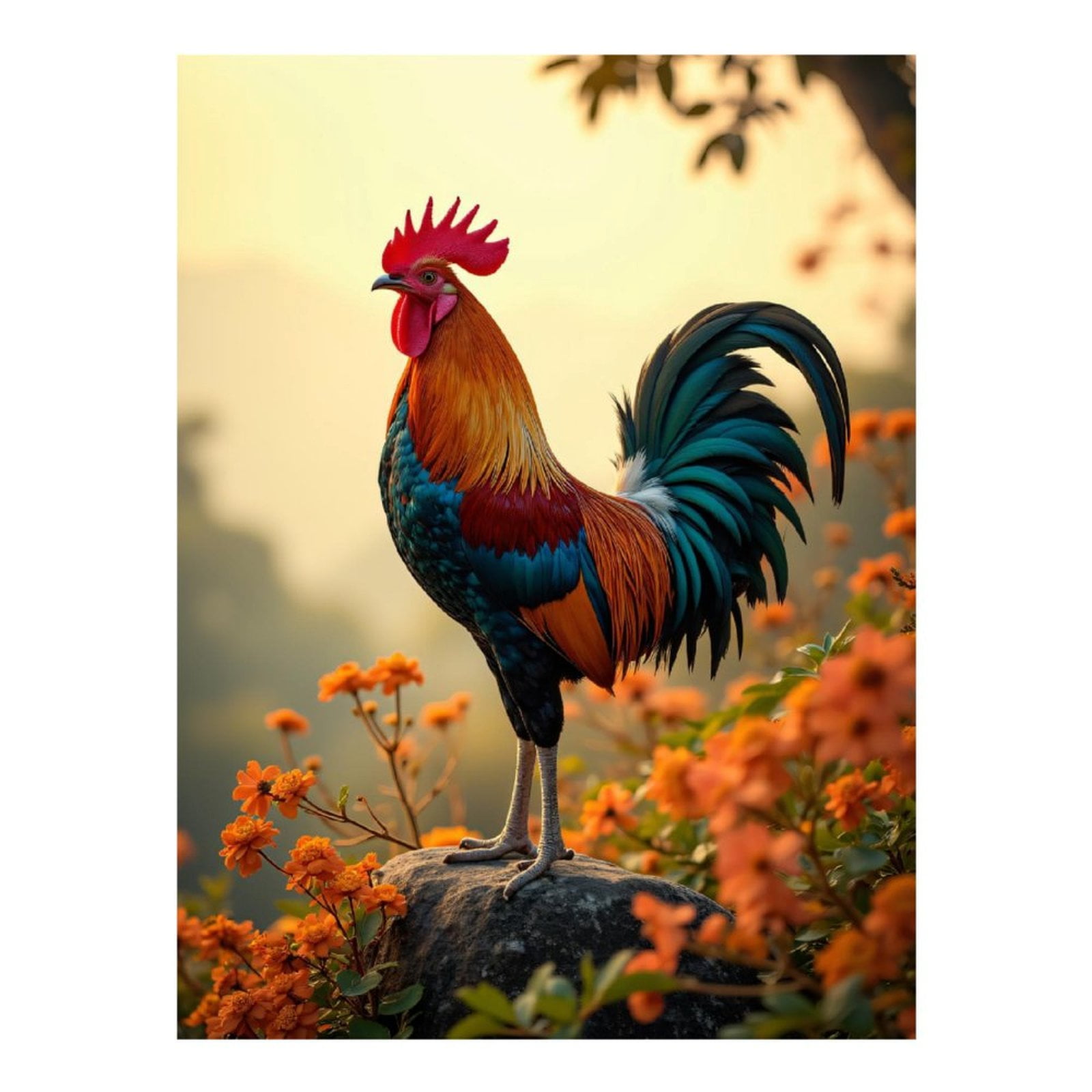 Diamond Art Kit for Adults, Sunrise Rooster On Rock Flowers Diamond Painting for Adults Beginners, 5D DIY Diamond Art Painting Kits, Colorful Diamond Painting Craft for Home Decor 12x16