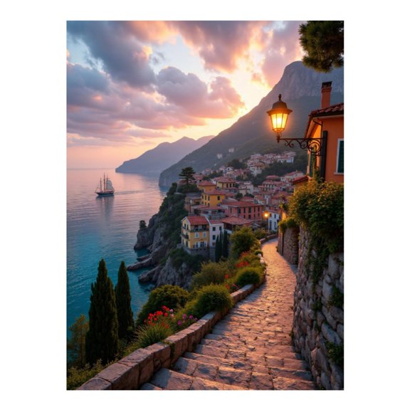 Diamond Art Kit for Adults, Sunset Coastline Village Path Diamond Painting for Adults Beginners, DIY Diamond Art Painting Kits, 5D Diamond Painting Crafts for Home Decor 12x16 Frameless