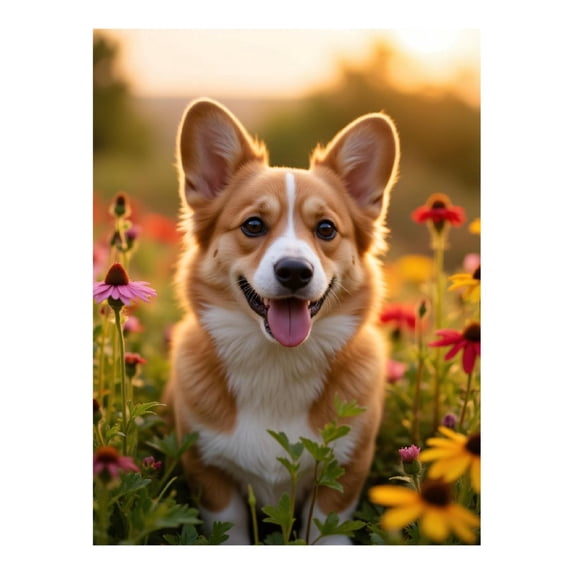 Diamond Art Kit for Adults, Sunset Corgi In Flower Meadow Diamond Painting for Adults Beginners, 5D DIY Diamond Art Painting Kits, Colorful Diamond Painting Craft for Home Decor 12x16