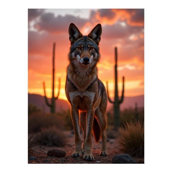 Diamond Art Kit for Adults, Sunset Desert Coyote Standing Cacti Diamond Painting for Adults Beginners, DIY Diamond Art Painting Kits, 5D Diamond Painting Crafts for Home Decor 12x16 Frameless