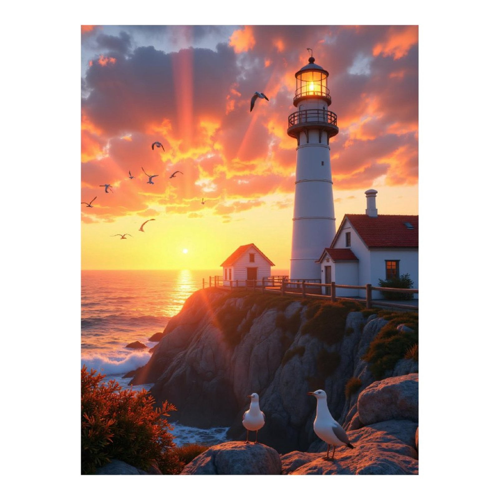 Diamond Art Kit for Adults, Sunset Lighthouse Ocean View Birds