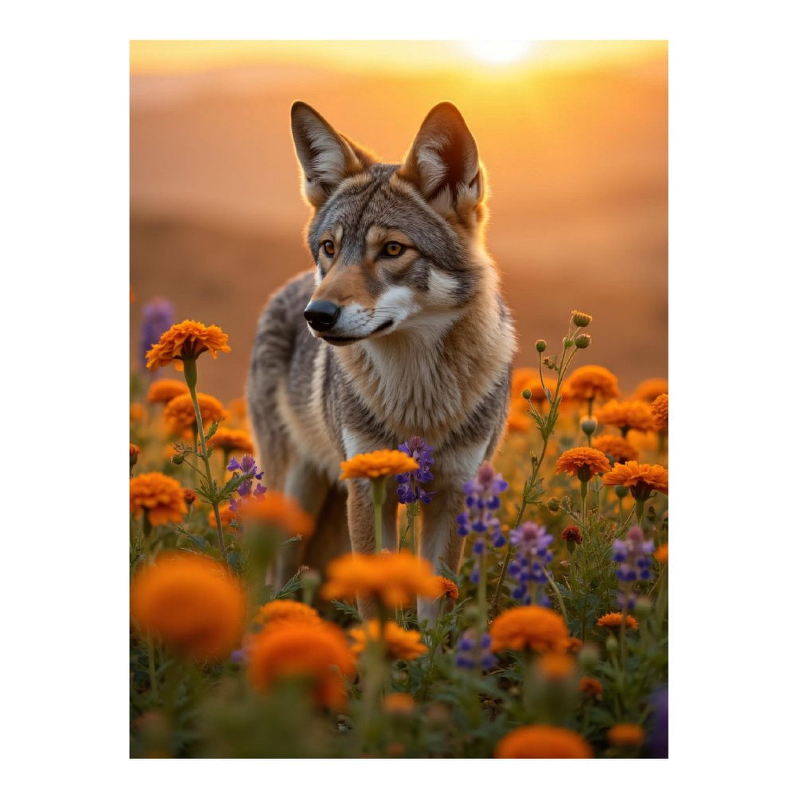 Diamond Art Kit for Adults, Sunset Meadow Coyote Blossoms Diamond Painting for Adults Beginners, 5D DIY Diamond Art Painting Kits, Colorful Diamond Painting Craft for Home Decor 12x16
