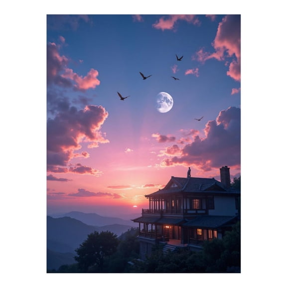 Diamond Art Kit for Adults, Sunset Over Mountain House Sky Diamond Painting for Adults Beginners, DIY Diamond Art Painting Kits, 5D Diamond Painting Crafts for Home Decor 12x16 Frameless