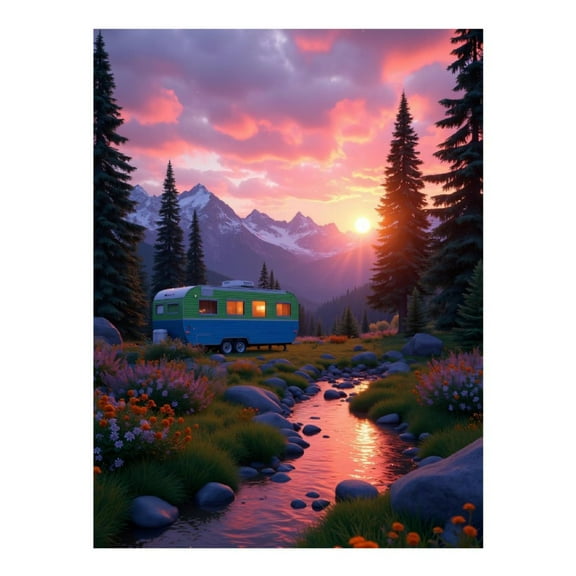 Diamond Art Kit for Adults, Sunset Mountain Stream Camping Scene Diamond Painting for Adults Beginners, 5D DIY Diamond Art Painting Kits, Colorful Diamond Painting Craft for Home Decor 12x16