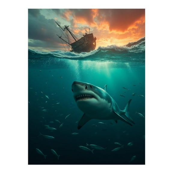 Diamond Art Kit for Adults, Sunset Ocean Shark Shipwreck Diamond Painting for Adults Beginners, 5D DIY Diamond Art Painting Kits, Colorful Diamond Painting Craft for Home Decor 12x16