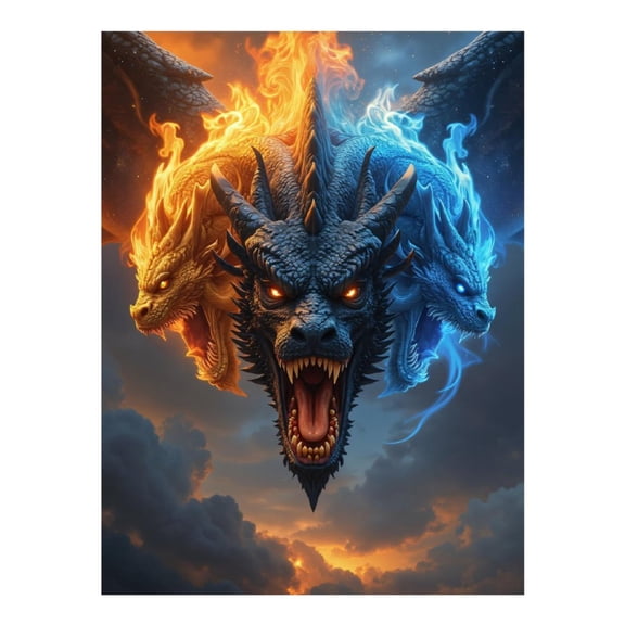 Diamond Art Kit for Adults, Three Headed Dragon Fire Ice Storm Diamond Painting for Adults Beginners, DIY Diamond Art Painting Kits, 5D Diamond Painting Crafts for Home Decor 12x16 Frameless