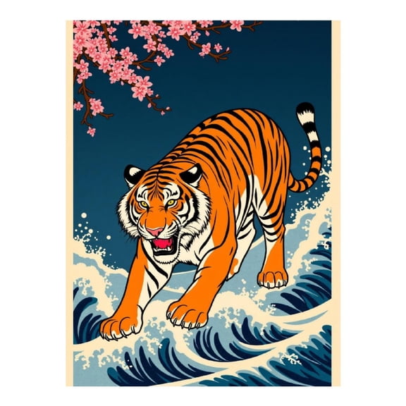 Diamond Art Kit for Adults, Tiger Cherry Blossoms Waves Art Diamond Painting for Adults Beginners, 5D DIY Diamond Art Painting Kits, Colorful Diamond Painting Craft for Home Decor 12x16