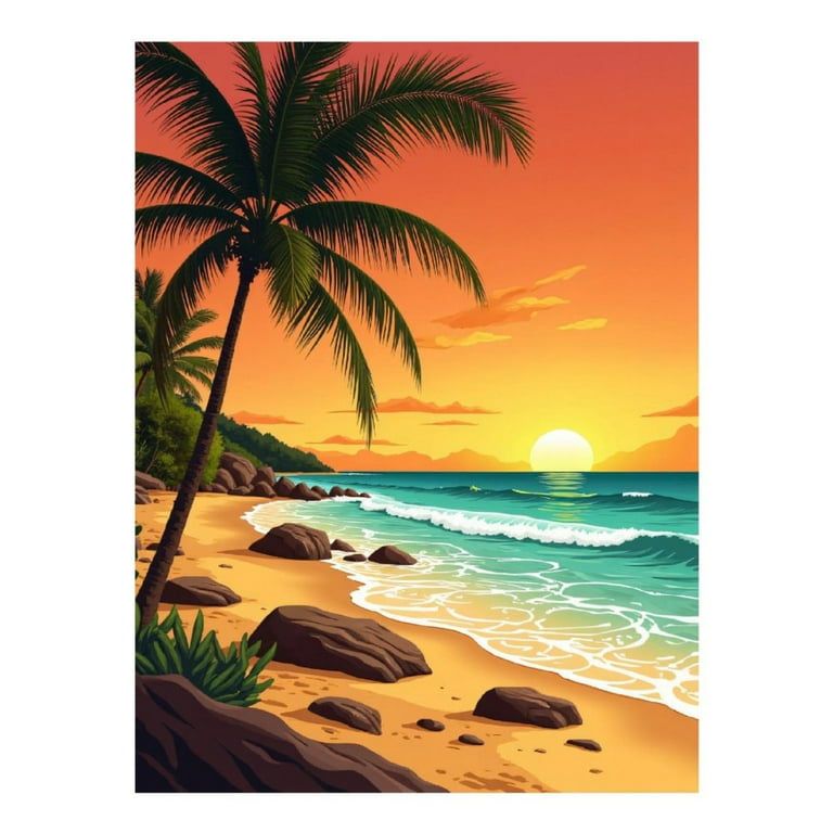 Diamond Art Kit for Adults, Tropical Sunset Beach Scene Diamond