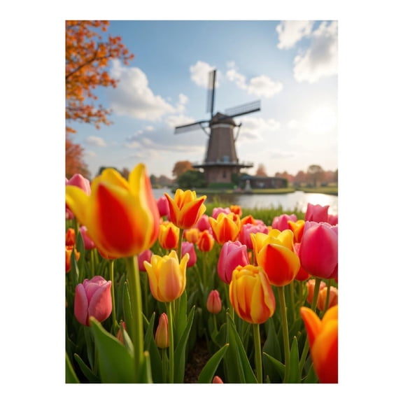 Diamond Art Kit for Adults, Tulips Windmill Landscape Spring Scene Diamond Painting for Adults Beginners, 5D DIY Diamond Art Painting Kits, Colorful Diamond Painting Craft for Home Decor 12x16