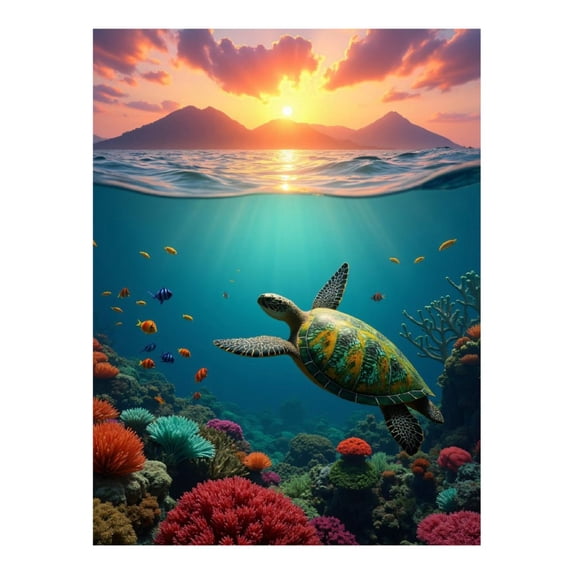 Diamond Art Kit for Adults, Underwater Turtle Coral Reef Sunset Diamond Painting for Adults Beginners, 5D DIY Diamond Art Painting Kits, Colorful Diamond Painting Craft for Home Decor 12x16