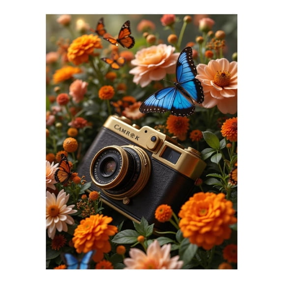 Diamond Art Kit for Adults, Vintage Camera Butterflies Blooms Diamond Painting for Adults Beginners, 5D DIY Diamond Art Painting Kits, Colorful Diamond Painting Craft for Home Decor 12x16