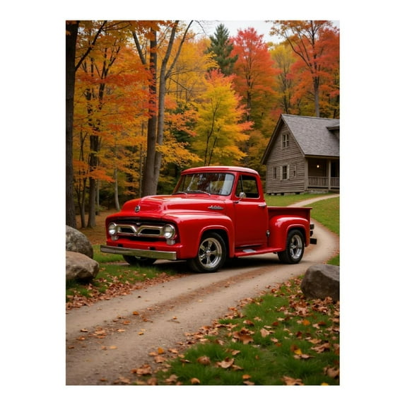 Diamond Art Kit for Adults, Vintage Red Truck Autumn Forest Path Diamond Painting for Adults Beginners, 5D DIY Diamond Art Painting Kits, Colorful Diamond Painting Craft for Home Decor 12x16