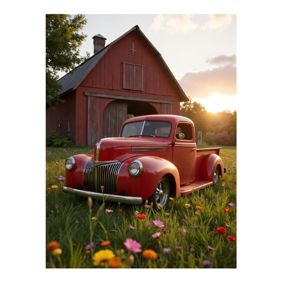 Diamond Art Kit for Adults, Vintage Red Truck Barn Sunset Field Diamond Painting for Adults Beginners, 5D DIY Diamond Art Painting Kits, Colorful Diamond Painting Craft for Home Decor 12x16