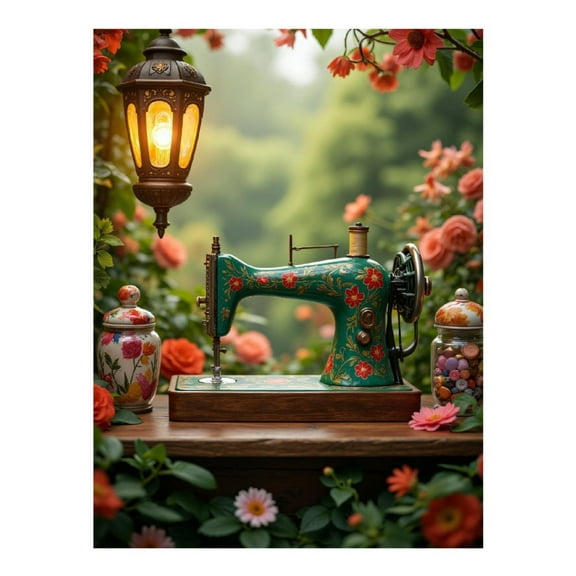 Diamond Art Kit for Adults, Vintage Sewing Machine Garden Scene Diamond Painting for Adults Beginners, DIY Diamond Art Painting Kits, 5D Diamond Painting Crafts for Home Decor 12x16 Frameless