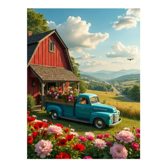Diamond Art Kit for Adults, Vintage Truck Scenic Landscape Garden Diamond Painting for Adults Beginners, 5D DIY Diamond Art Painting Kits, Colorful Diamond Painting Craft for Home Decor 12x16