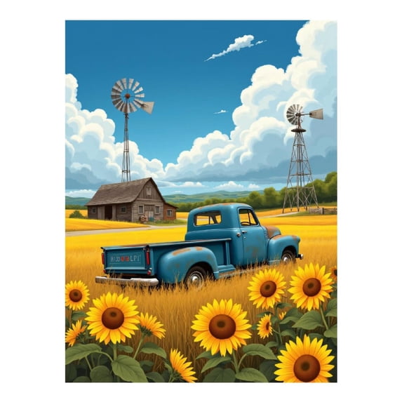 Diamond Art Kit for Adults, Vintage Truck Sunflowers Windmills Diamond Painting for Adults Beginners, 5D DIY Diamond Art Painting Kits, Colorful Diamond Painting Craft for Home Decor 12x16