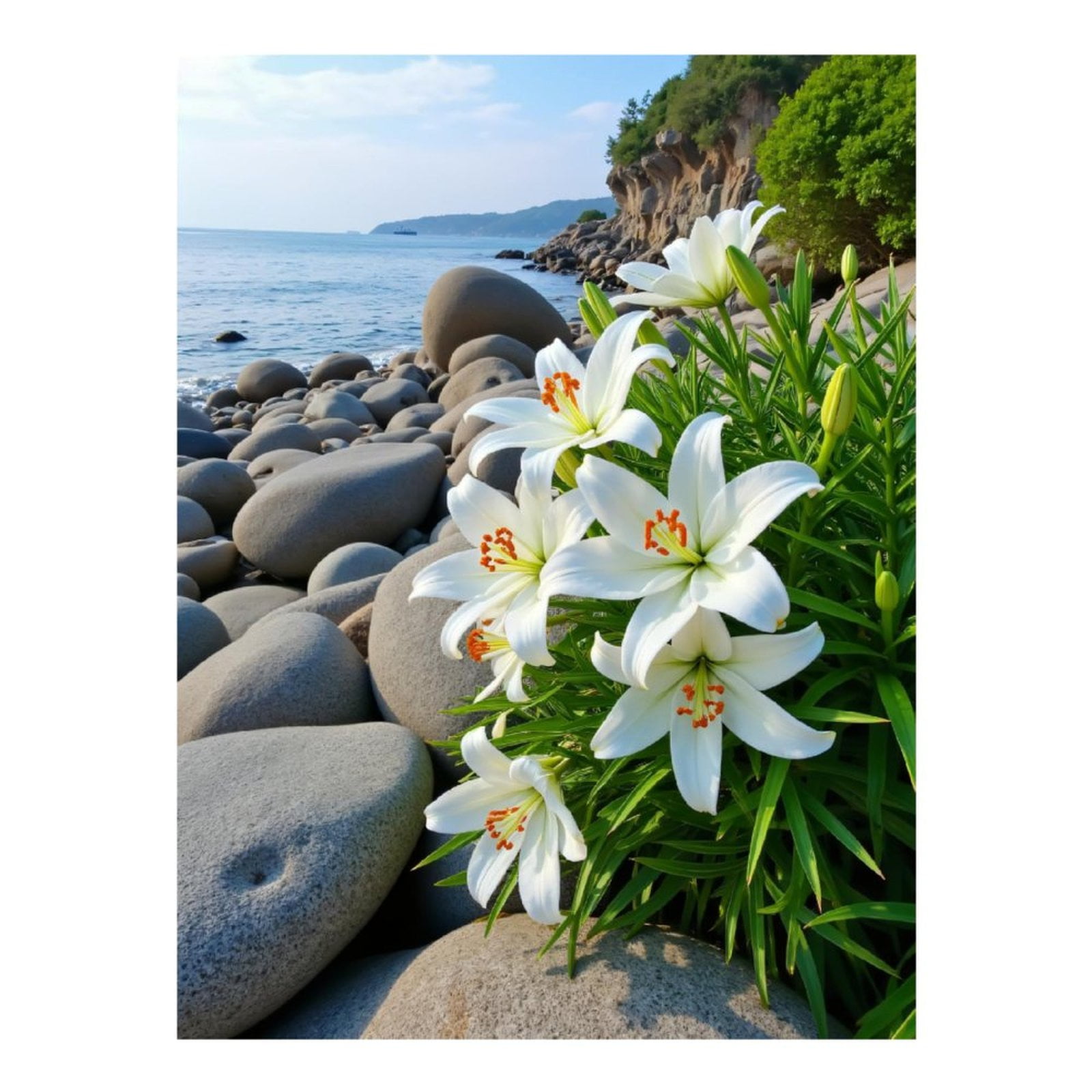 Diamond Art Kit for Adults, White Lilies Coastal Rocks Ocean Diamond Painting for Adults Beginners, 5D DIY Diamond Art Painting Kits, Colorful Diamond Painting Craft for Home Decor 12x16 Frameless