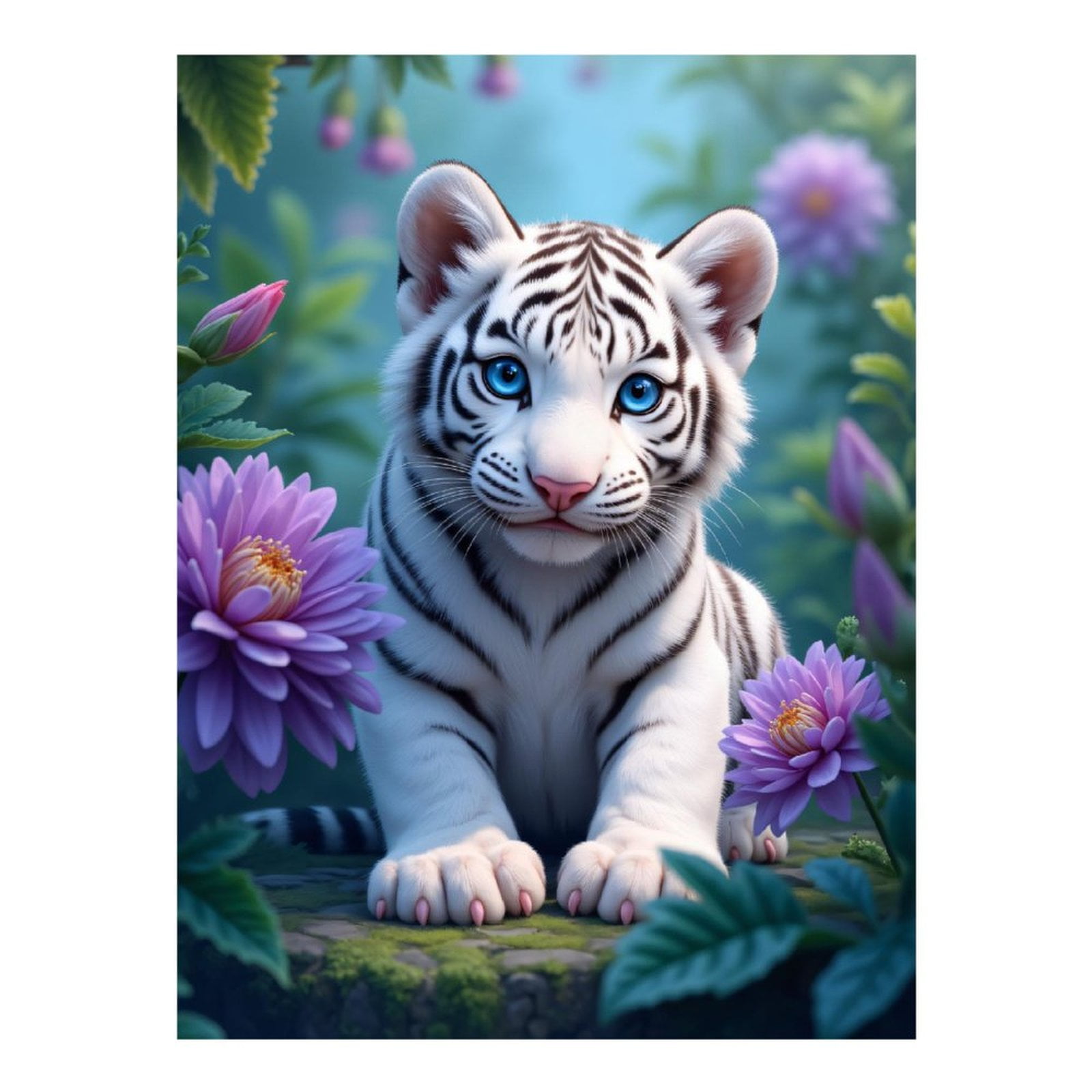Diamond Art Kit for Adults, White Tiger Cub Amidst Blossoms Diamond Painting for Adults Beginners, DIY Diamond Art Painting Kits, 5D Diamond Painting Crafts for Home Decor 12x16 Frameless