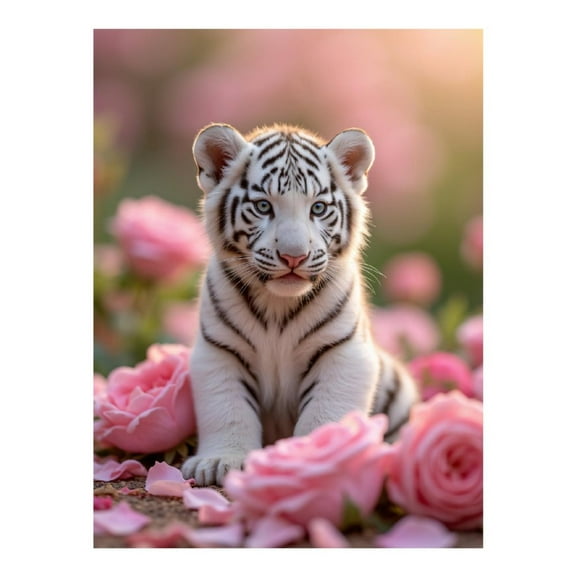 Diamond Art Kit for Adults, White Tiger Cub Among Roses Diamond Painting for Adults Beginners, 5D DIY Diamond Art Painting Kits, Colorful Diamond Painting Craft for Home Decor 12x16