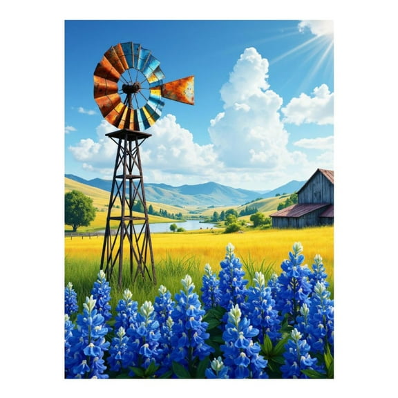 Diamond Art Kit for Adults, Windmill Field Blue Flowers Landscape Diamond Painting for Adults Beginners, 5D DIY Diamond Art Painting Kits, Colorful Diamond Painting Craft for Home Decor 12x16