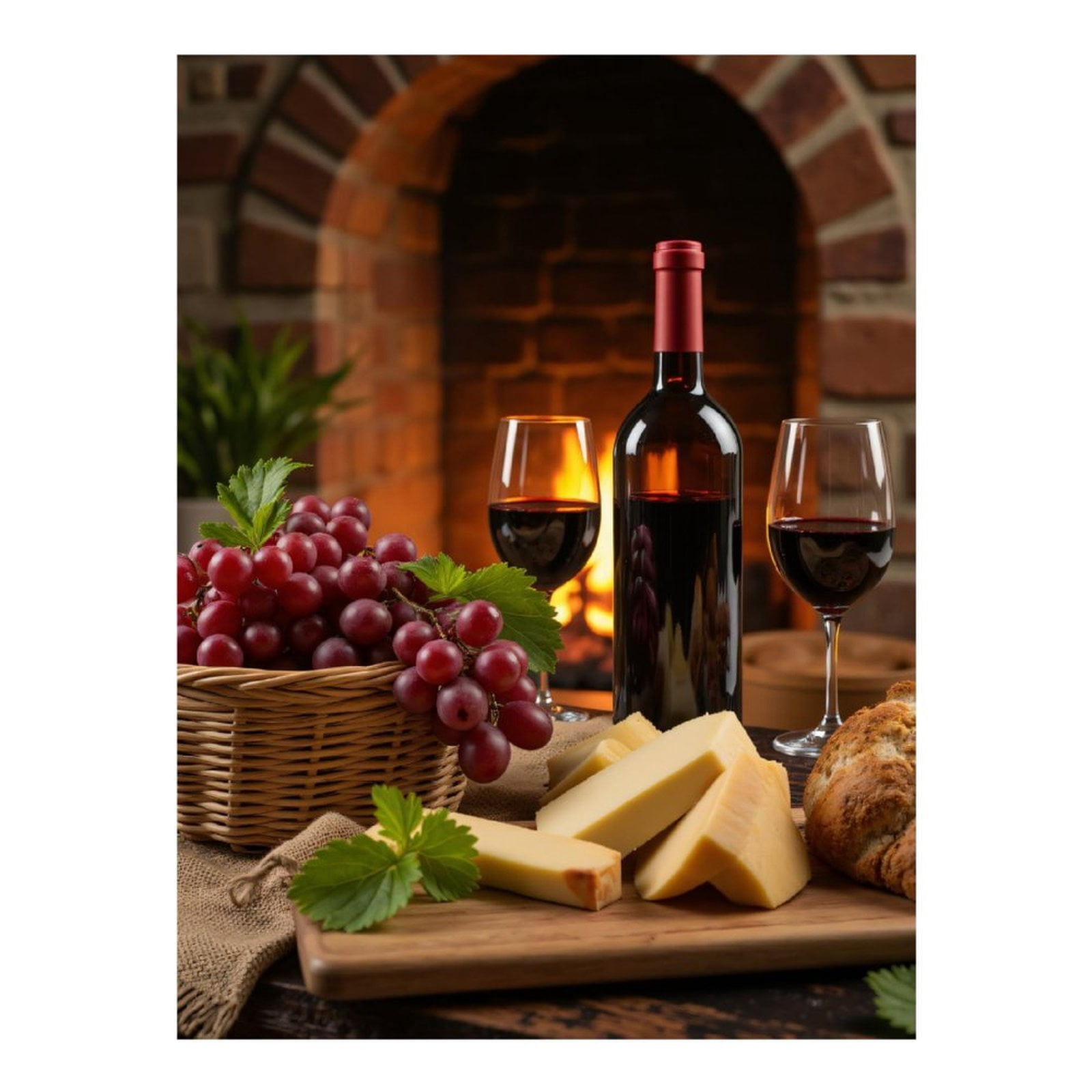 Diamond Art Kit for Adults, Wine Grapes Cheese Bread Fireplace Diamond Painting for Adults Beginners, DIY Diamond Art Painting Kits, 5D Diamond Painting Crafts for Home Decor 12x16 Frameless