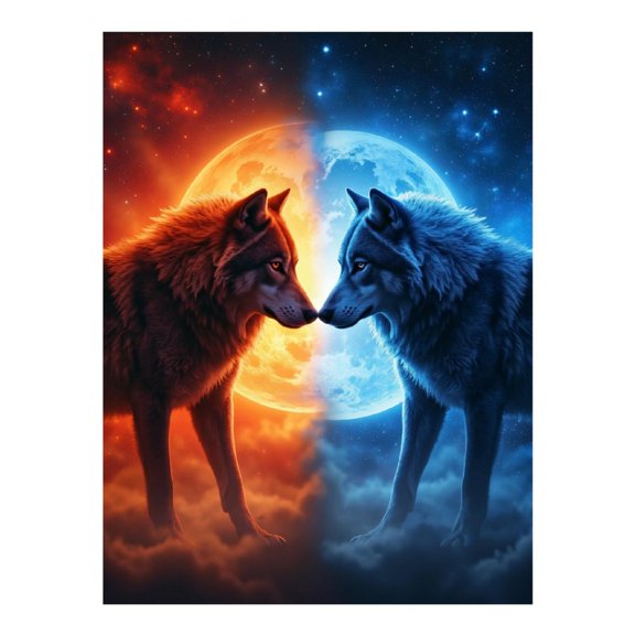 Diamond Art Kit for Adults, Wolves Fiery Frost Moon Duality Diamond Painting for Adults Beginners, 5D DIY Diamond Art Painting Kits, Colorful Diamond Painting Craft for Home Decor 12x16 Frameless