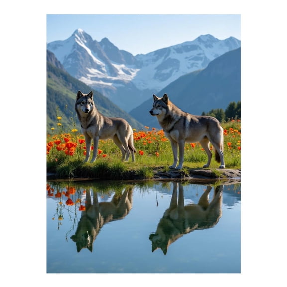 Diamond Art Kit for Adults, Wolves Mountain Reflection Lake Flowers Diamond Painting for Adults Beginners, 5D DIY Diamond Art Painting Kits, Colorful Diamond Painting Craft for Home Decor 12x16