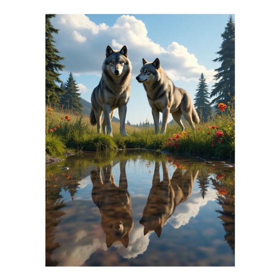 Diamond Art Kit for Adults, Wolves Reflections Meadow Scene Diamond Painting for Adults Beginners, 5D DIY Diamond Art Painting Kits, Colorful Diamond Painting Craft for Home Decor 12x16