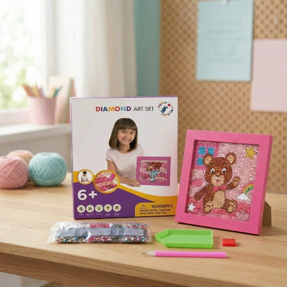 Diamond Art Kit Set 7 1/8" x 7 1/8" with Frame (Teddy Bear with Pink Frame)