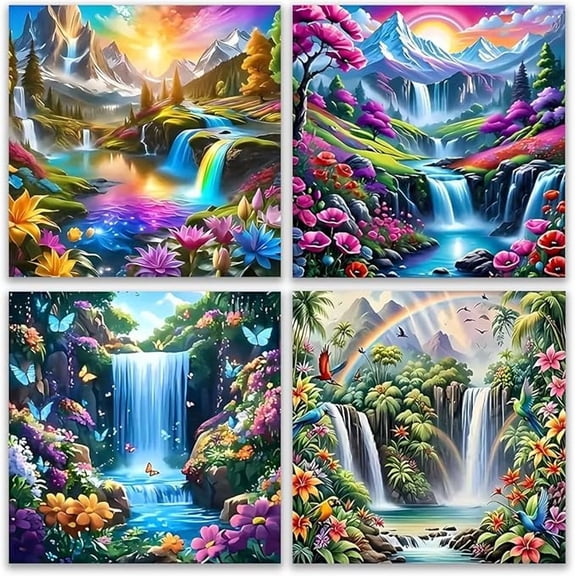 Diamond Art Kits for Adults - 4 Pack Waterfall Landscape 5D Diamond Painting Kits for Beginner,DIY Flower Gem Art Full Drill Diamond Dots Crystal Craft Kits for Home Wall Decor Gifts