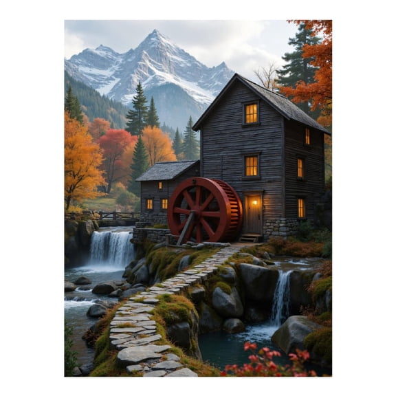 Diamond Art Kits for Adults - 5d Autumn Mountain Cottage Waterfall Scene Diamond Painting for Adults, Diamond Art for Adults Beginners, Diamond Painting Kits for Adults for Home Wall Decor