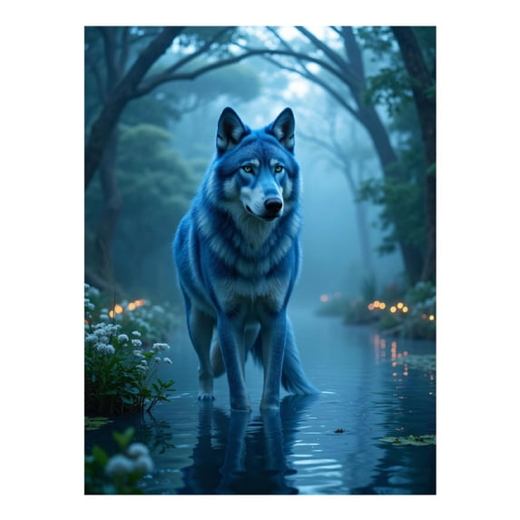 Diamond Art Kits for Adults - 5d Blue Wolf Serenity Forest Stream Diamond Painting for Adults, Diamond Art for Adults Beginners, Diamond Painting Kits for Adults for Home Wall Decor