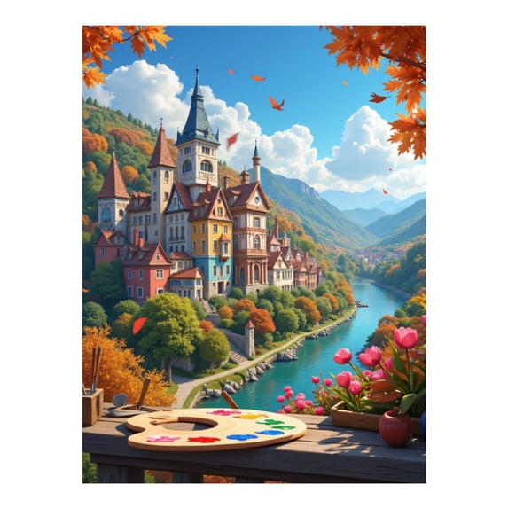 Diamond Art Kits for Adults - 5d Castle River Autumn Landscape Art Diamond Painting for Adults, Diamond Art for Adults Beginners, Diamond Painting Kits for Adults for Home Wall Decor