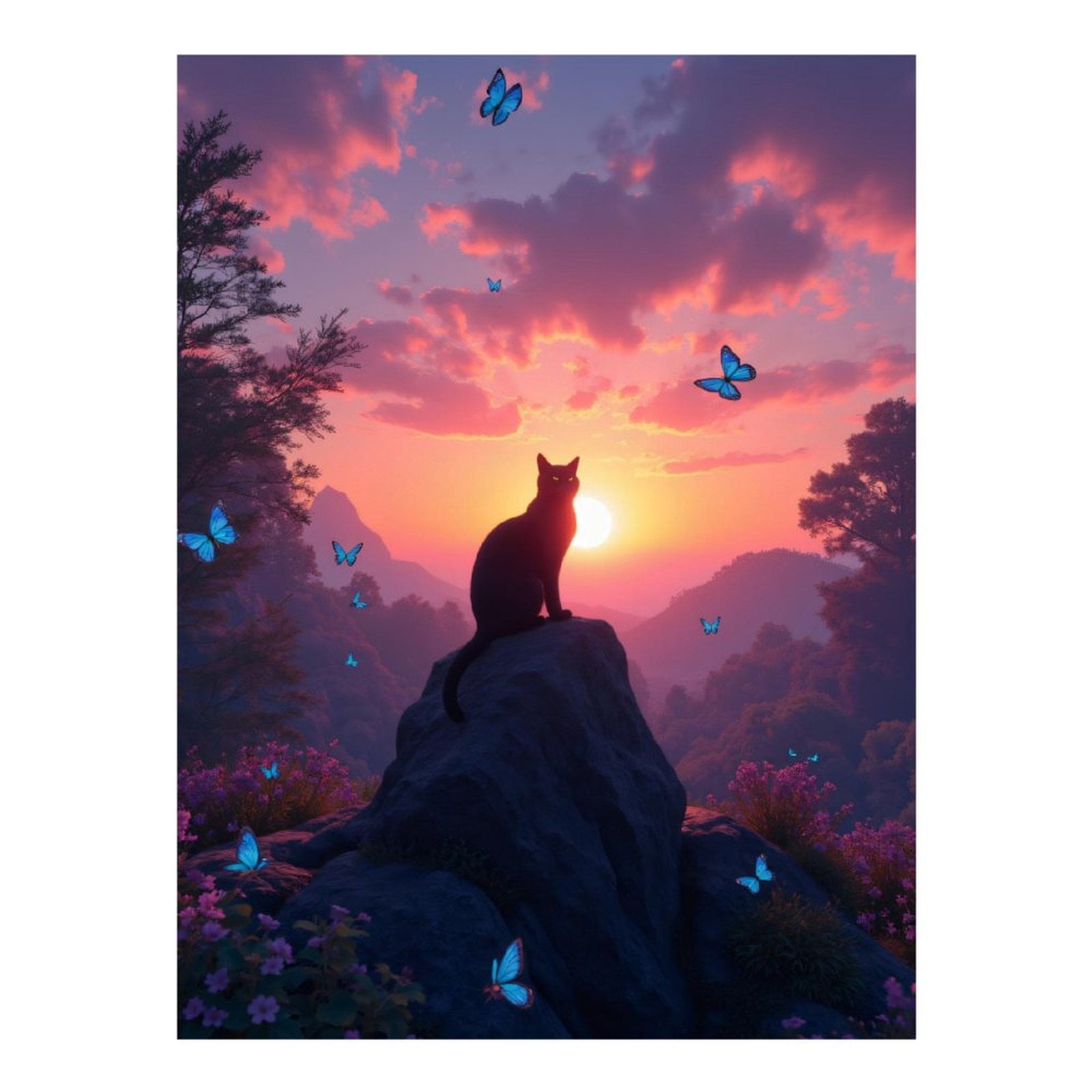 Diamond Art Kits for Adults - 5d Cat Sunset Rock Blue Butterflies Diamond Painting for Adults, Diamond Art for Adults Beginners, Diamond Painting Kits for Adults for Home Wall Decor