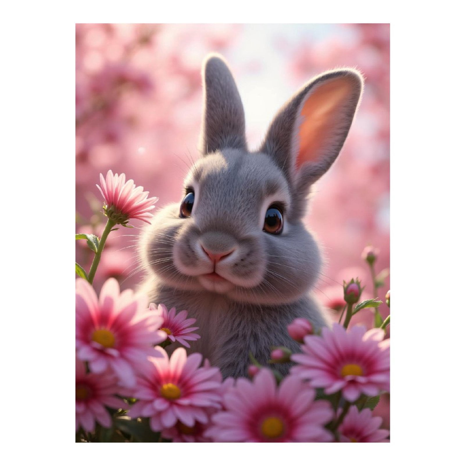 Diamond Art Kits for Adults - 5d Gray Rabbit Among Pink Flowers Diamond ...