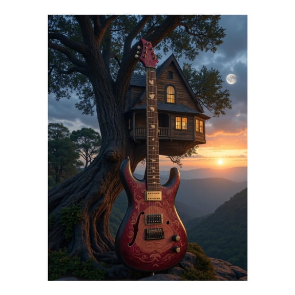 Diamond Art Kits for Adults - 5d Guitar Treehouse Sunset Landscape Diamond Painting for Adults, Diamond Art for Adults Beginners, Diamond Painting Kits for Adults for Home Wall Decor
