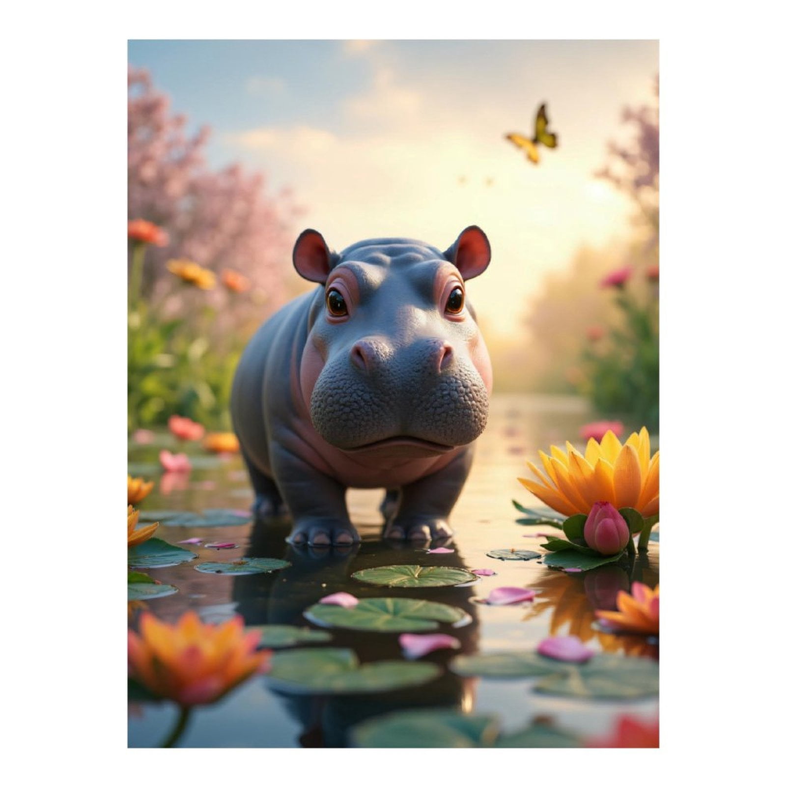 Diamond Art Kits for Adults - 5d Hippo Pond Blossoms Butterfly Diamond Painting for Adults, Diamond Art for Adults Beginners, Diamond Painting Kits for Adults for Home Wall Decor