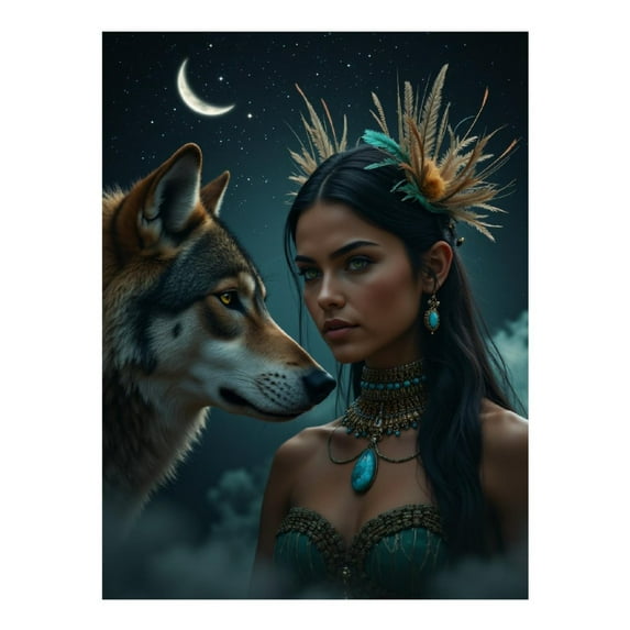 Diamond Art Kits for Adults - 5d Moonlit Woman Wolf Portrait Night Sky Diamond Painting for Adults, Diamond Art for Adults Beginners, Diamond Painting Kits for Adults for Home Wall Decor
