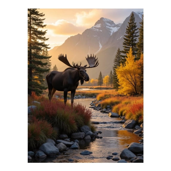 Diamond Art Kits for Adults - 5d Moose Autumn Stream Mountain Scene Diamond Painting for Adults, Diamond Art for Adults Beginners, Diamond Painting Kits for Adults for Home Wall Decor