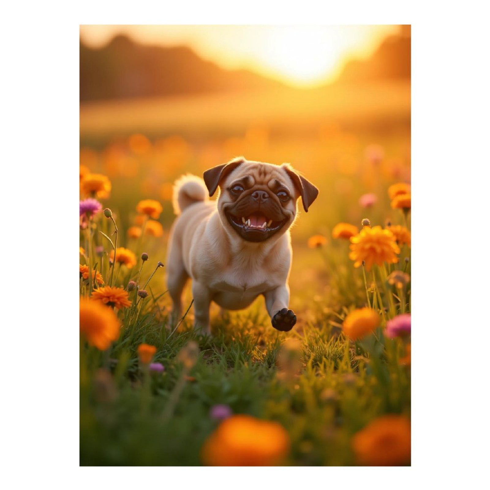 Diamond Art Kits for Adults - 5d Pug Sunset Blooming Meadow Diamond Painting for Adults, Diamond Art for Adults Beginners, Diamond Painting Kits for Adults for Home Wall Decor