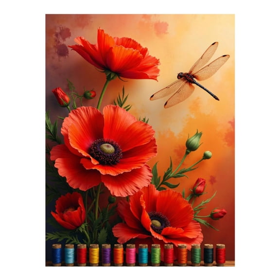Diamond Art Kits for Adults - 5d Red Poppies Dragonfly Threads Diamond Painting for Adults, Diamond Art for Adults Beginners, Diamond Painting Kits for Adults for Home Wall Decor