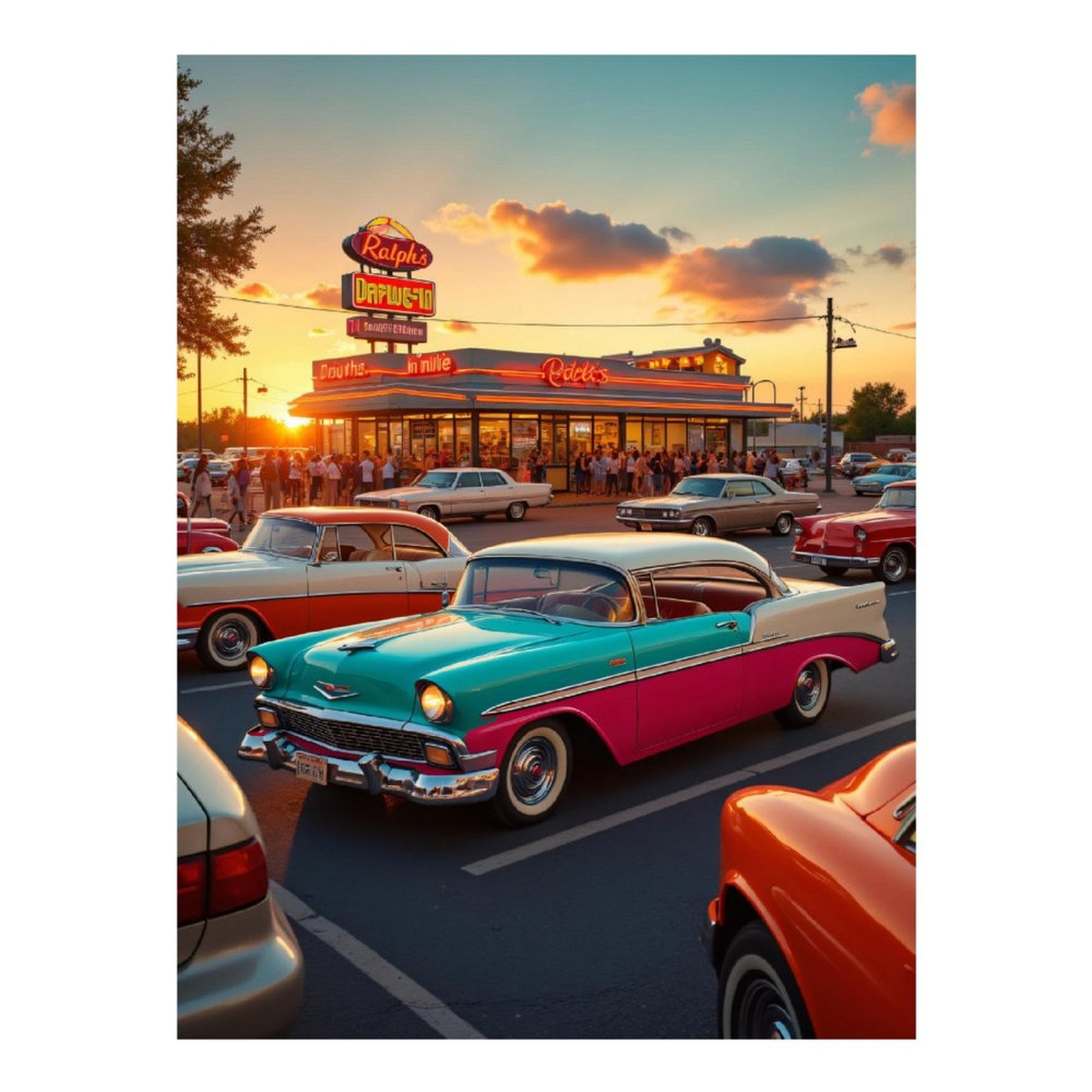 Diamond Art Kits for Adults - 5d Vintage Cars At Sunset Diner Diamond Painting for Adults, Diamond Art for Adults Beginners, Diamond Painting Kits for Adults for Home Wall Decor